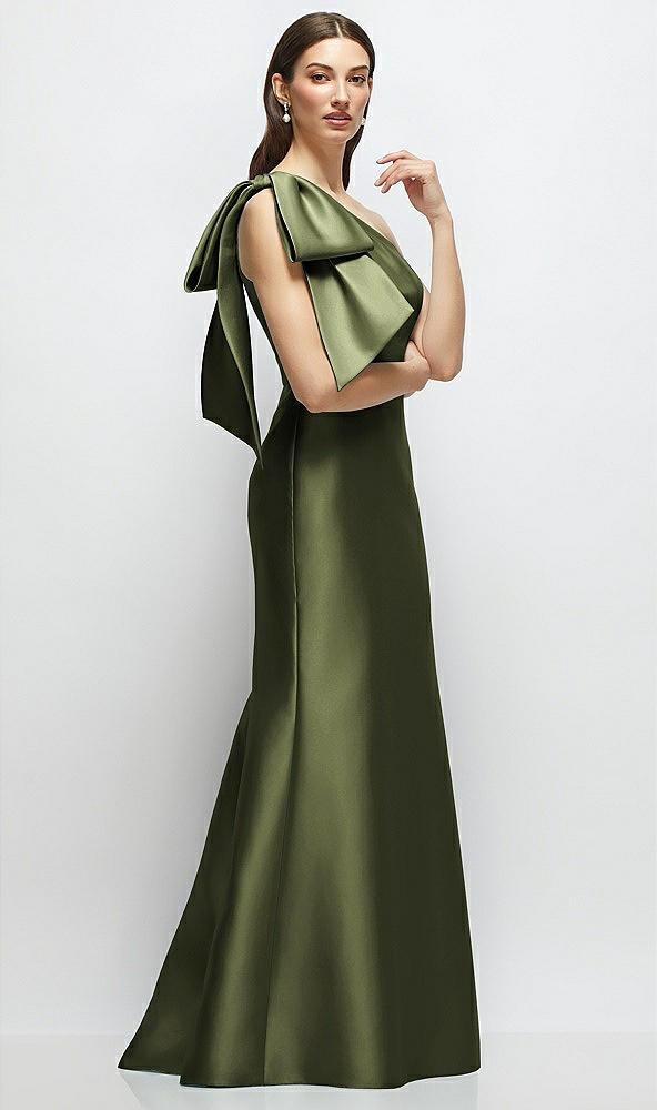 bow one-shoulder satin maxi dress with trumpet skirt