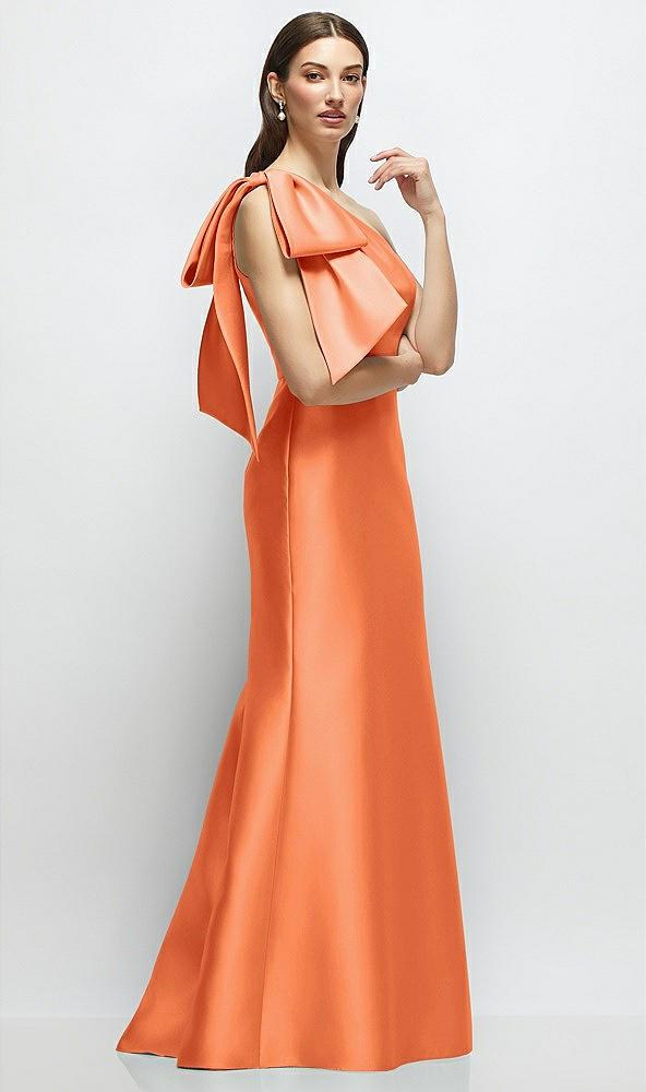 bow one-shoulder satin maxi dress with trumpet skirt