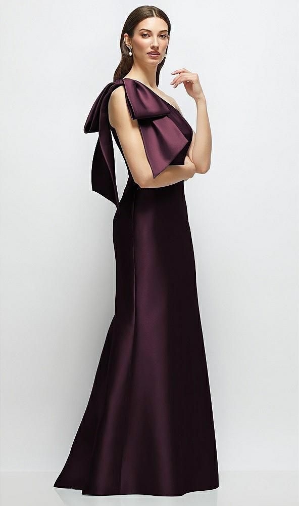 bow one-shoulder satin maxi dress with trumpet skirt