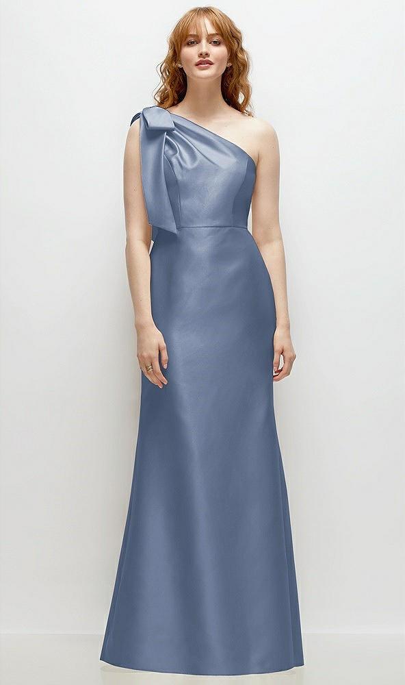 bow one-shoulder satin trumpet gown