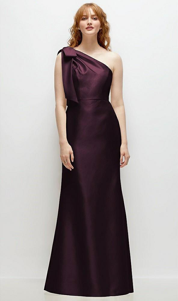 bow one-shoulder satin trumpet gown