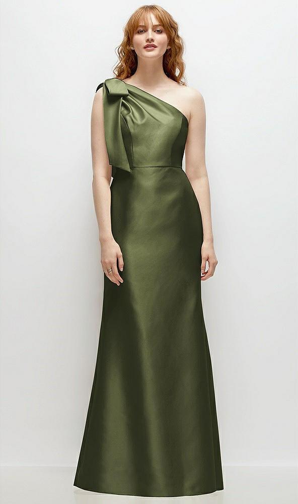 bow one-shoulder satin trumpet gown