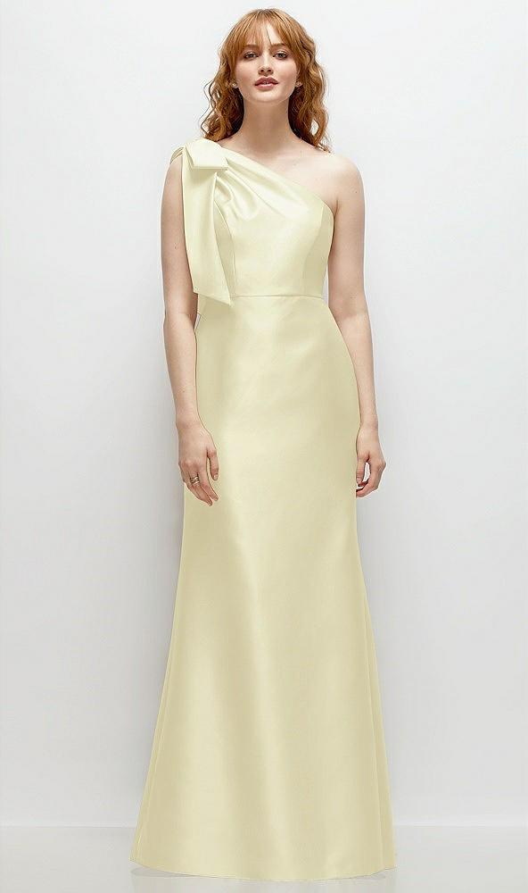 bow one-shoulder satin trumpet gown