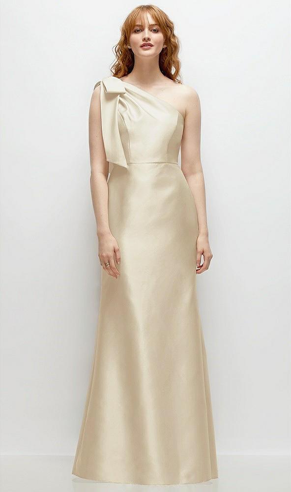 bow one-shoulder satin trumpet gown