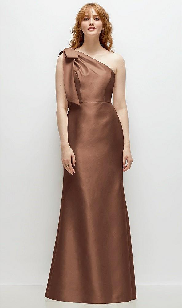 bow one-shoulder satin trumpet gown