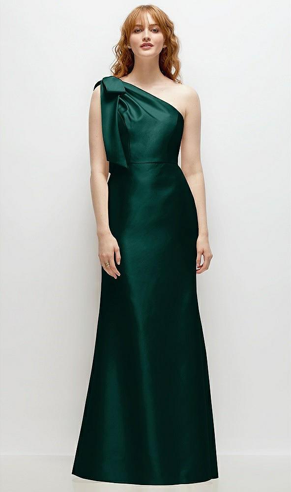 bow one-shoulder satin trumpet gown
