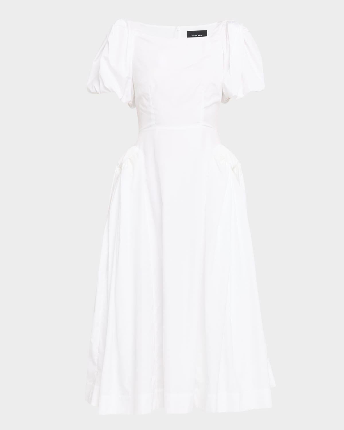 bow puff-sleeve fit-&-flare midi dress