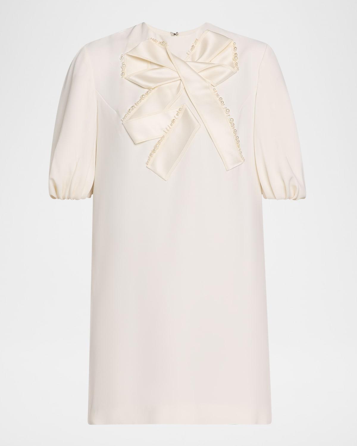 bow puff-sleeve mini shift dress