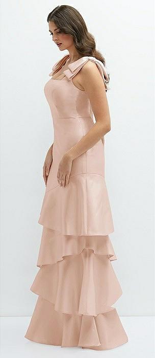 bow-shoulder satin maxi dress with asymmetrical tiered skirt