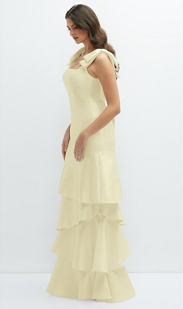 bow-shoulder satin maxi dress with asymmetrical tiered skirt