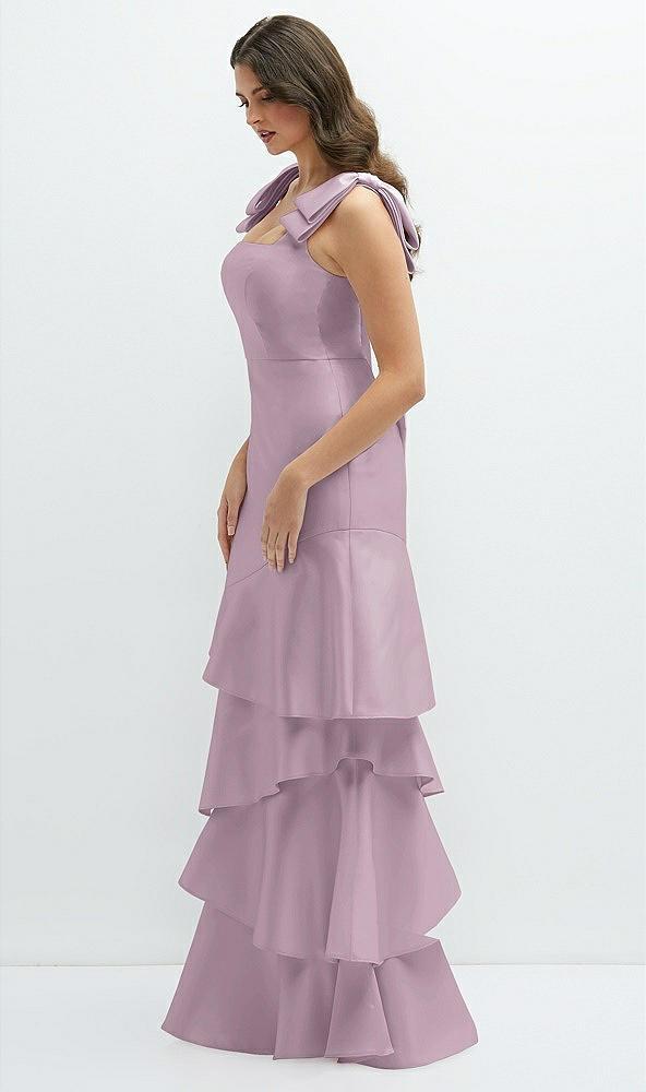 bow-shoulder satin maxi dress with asymmetrical tiered skirt