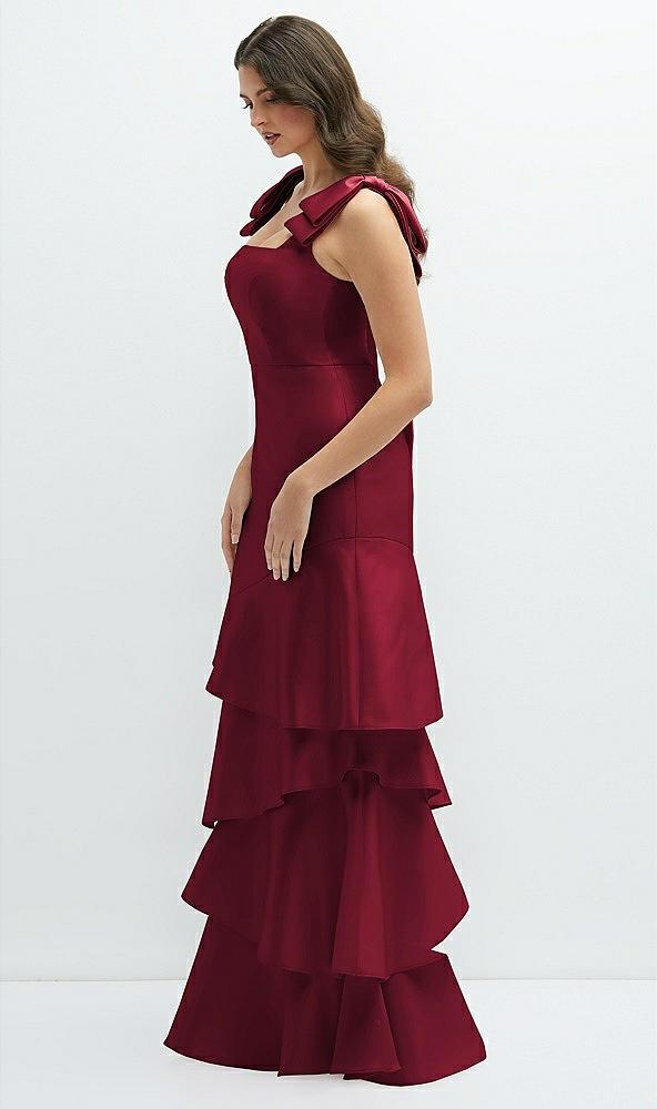 bow-shoulder satin maxi dress with asymmetrical tiered skirt