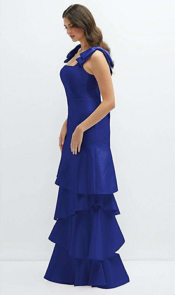 bow-shoulder satin maxi dress with asymmetrical tiered skirt
