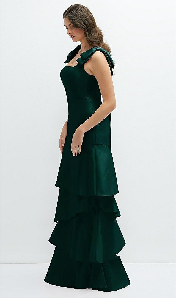 bow-shoulder satin maxi dress with asymmetrical tiered skirt