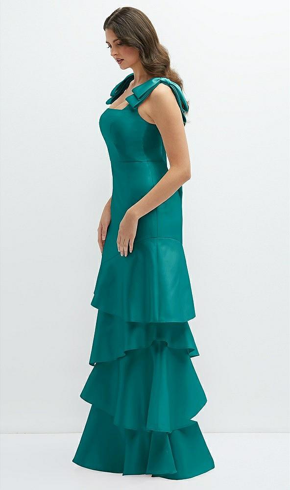 bow-shoulder satin maxi dress with asymmetrical tiered skirt