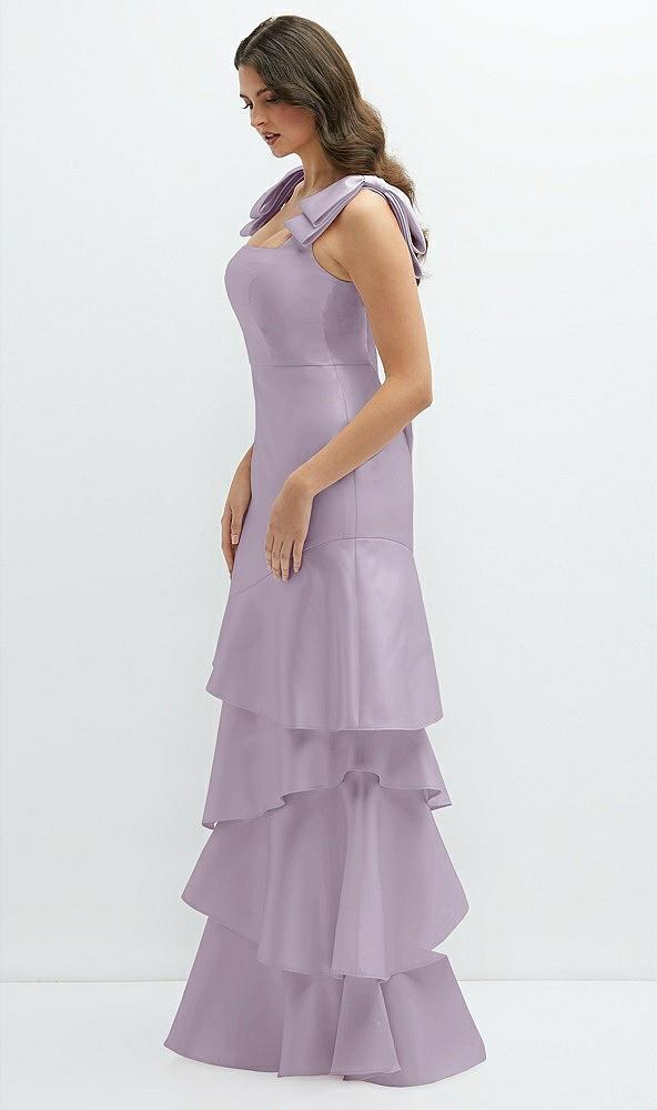 bow-shoulder satin maxi dress with asymmetrical tiered skirt