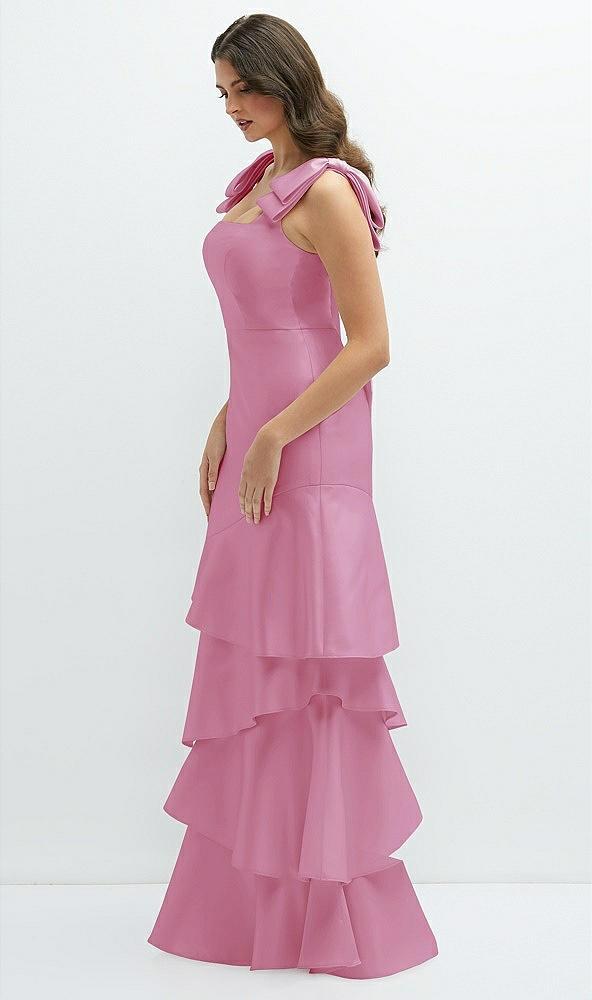 bow-shoulder satin maxi dress with asymmetrical tiered skirt