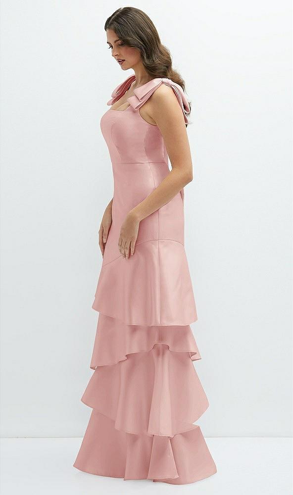 bow-shoulder satin maxi dress with asymmetrical tiered skirt