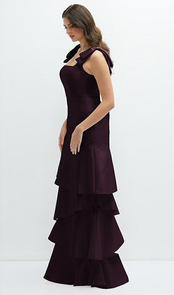 bow-shoulder satin maxi dress with asymmetrical tiered skirt