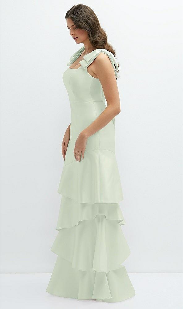 bow-shoulder satin maxi dress with asymmetrical tiered skirt