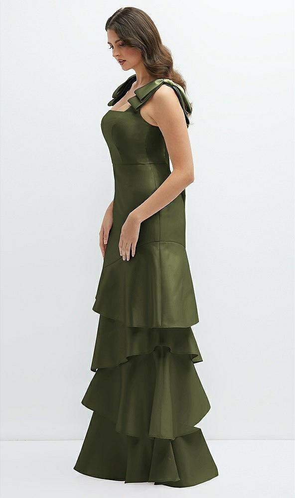 bow-shoulder satin maxi dress with asymmetrical tiered skirt