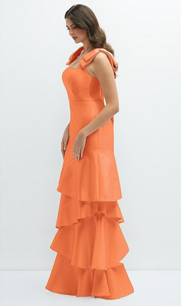 bow-shoulder satin maxi dress with asymmetrical tiered skirt