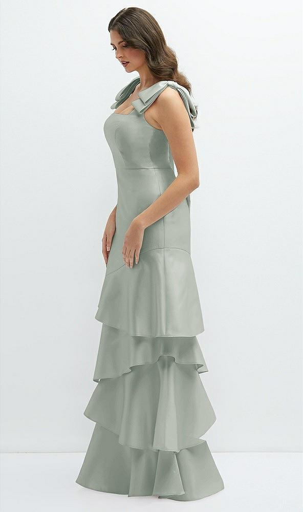 bow-shoulder satin maxi dress with asymmetrical tiered skirt