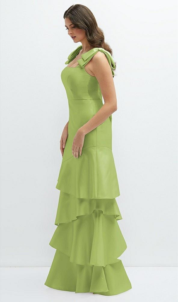 bow-shoulder satin maxi dress with asymmetrical tiered skirt
