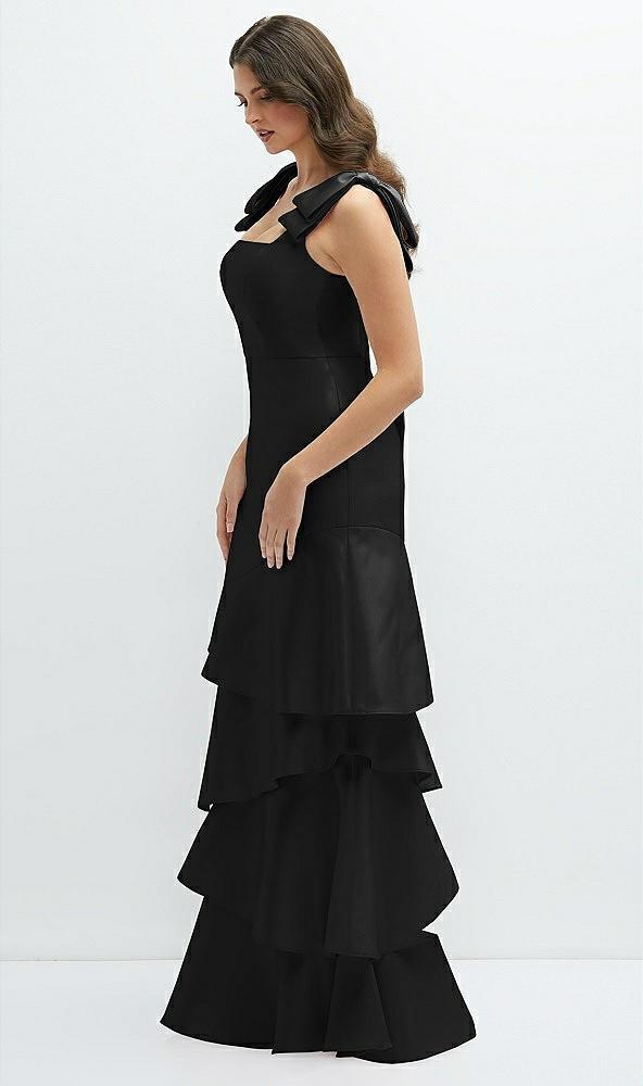 bow-shoulder satin maxi dress with asymmetrical tiered skirt