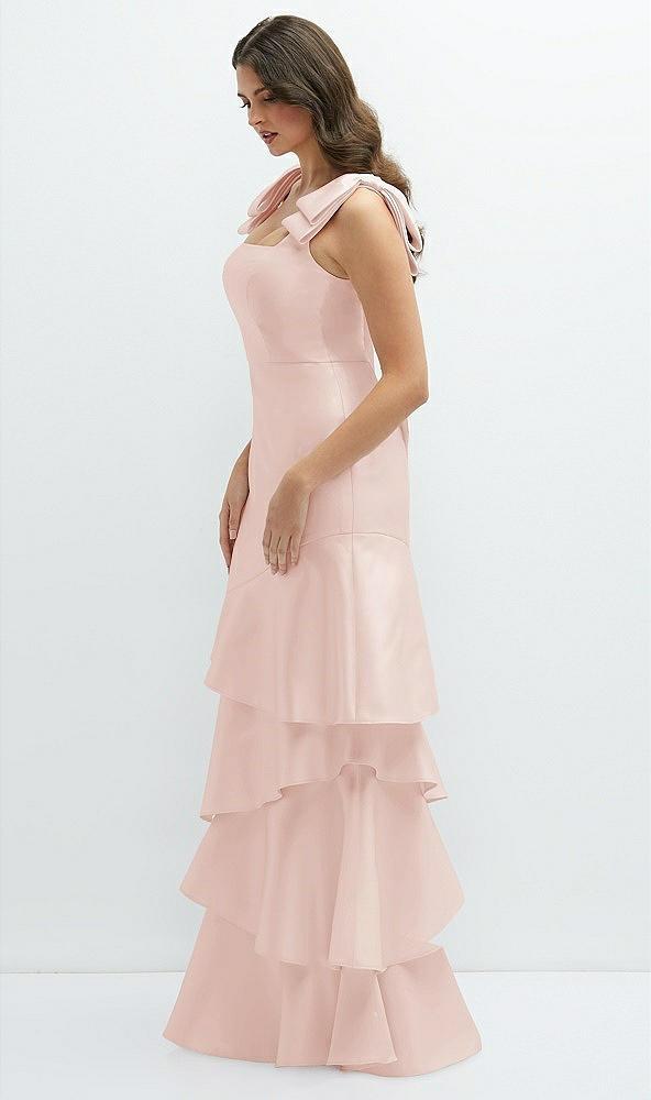 bow-shoulder satin maxi dress with asymmetrical tiered skirt