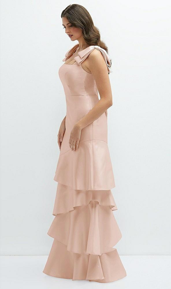 bow-shoulder satin maxi dress with asymmetrical tiered skirt