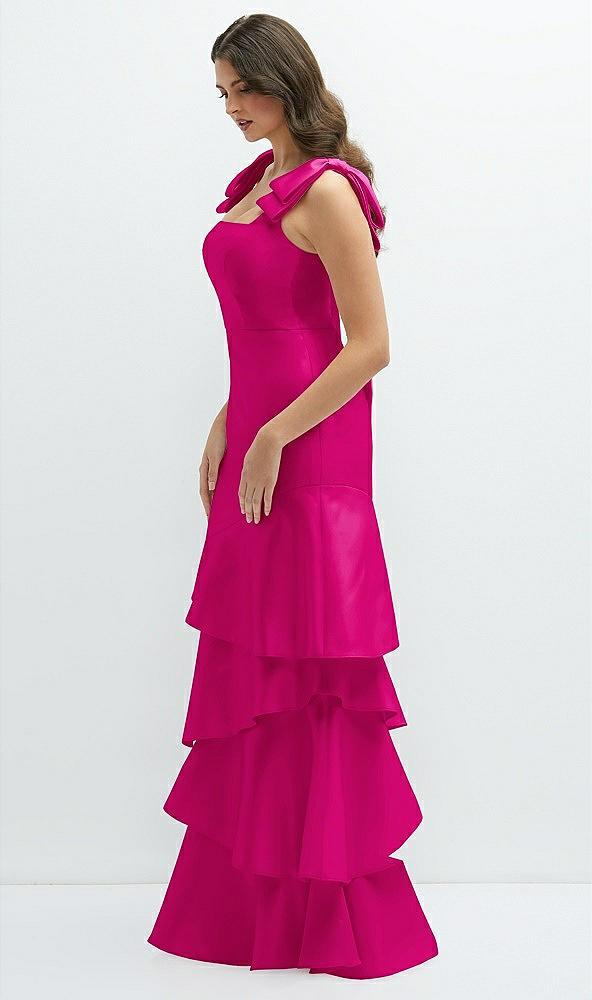 bow-shoulder satin maxi dress with asymmetrical tiered skirt