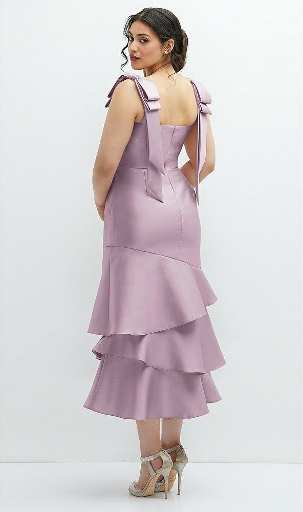 bow-shoulder satin midi dress with asymmetrical tiered skirt
