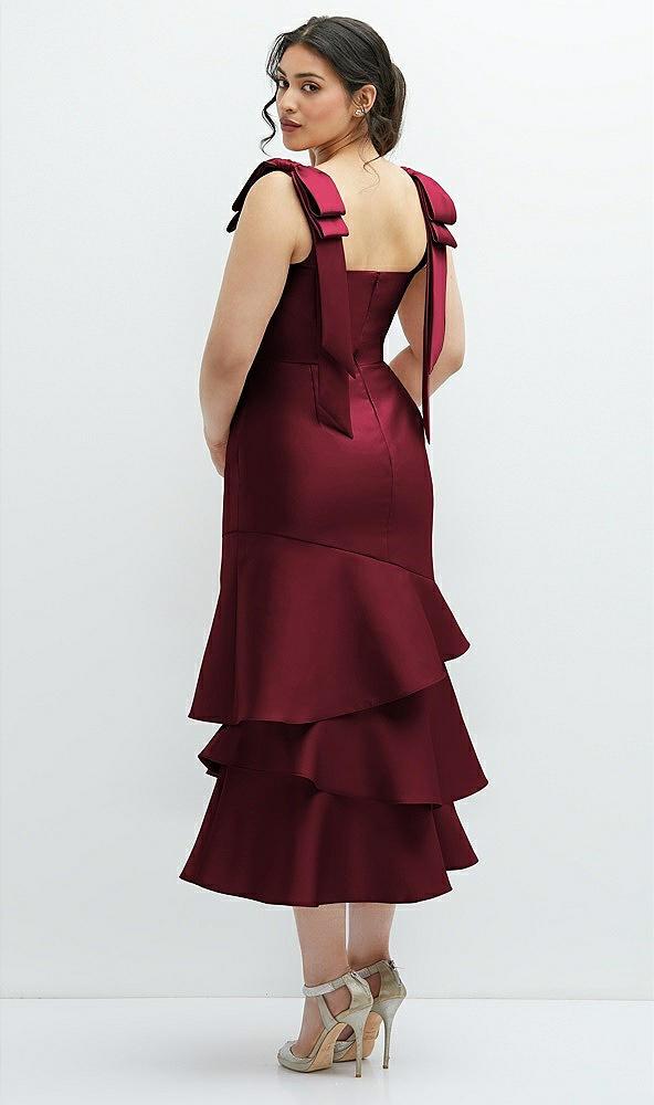 bow-shoulder satin midi dress with asymmetrical tiered skirt