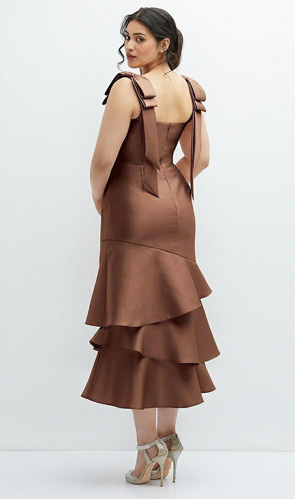 bow-shoulder satin midi dress with asymmetrical tiered skirt
