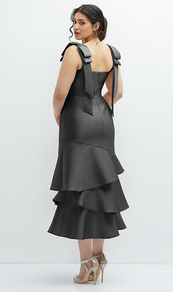 bow-shoulder satin midi dress with asymmetrical tiered skirt
