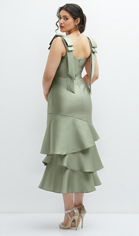 bow-shoulder satin midi dress with asymmetrical tiered skirt