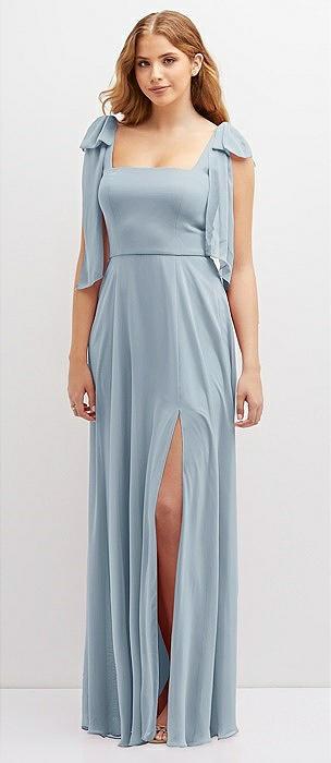 bow shoulder square neck chiffon maxi dress