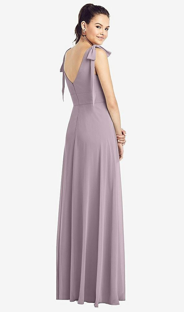 bow-shoulder v-back chiffon gown with front slit