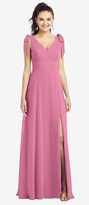 bow-shoulder v-back chiffon gown with front slit