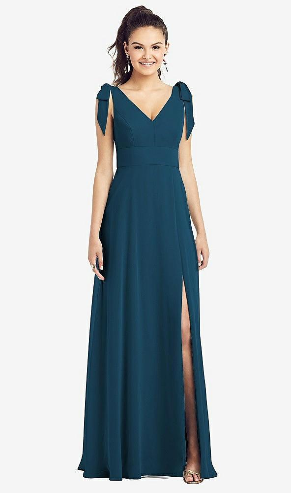 bow-shoulder v-back chiffon gown with front slit