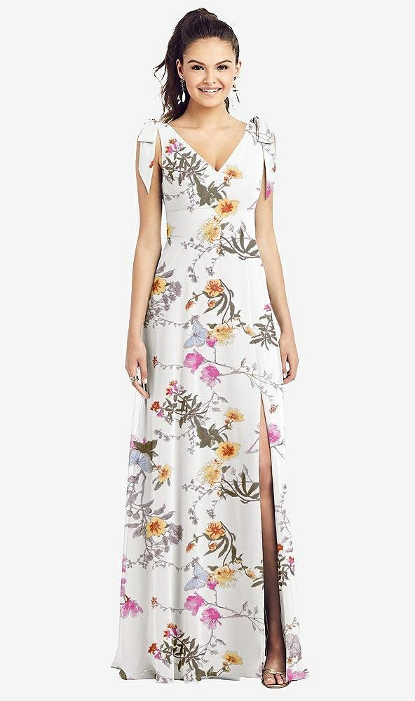 bow-shoulder v-back chiffon gown with front slit