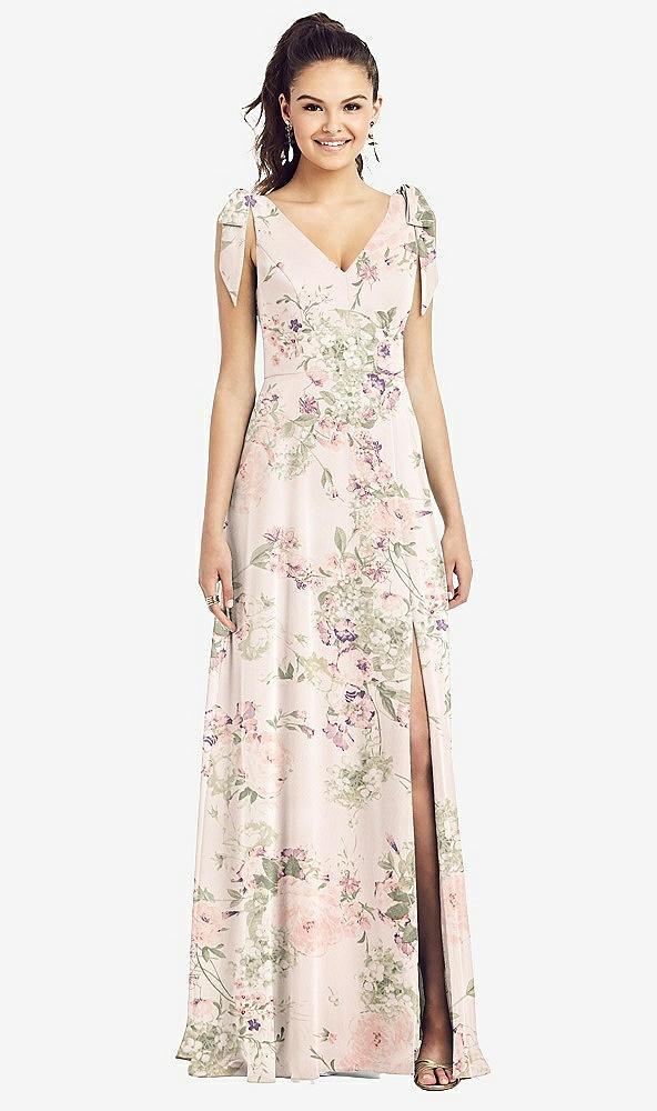 bow-shoulder v-back chiffon gown with front slit