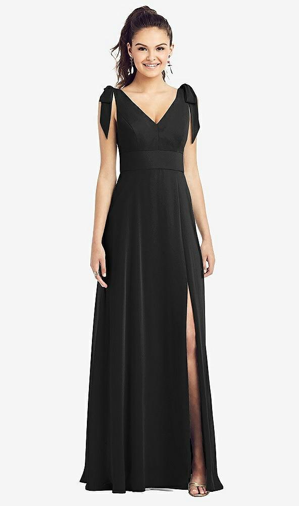 bow-shoulder v-back chiffon gown with front slit