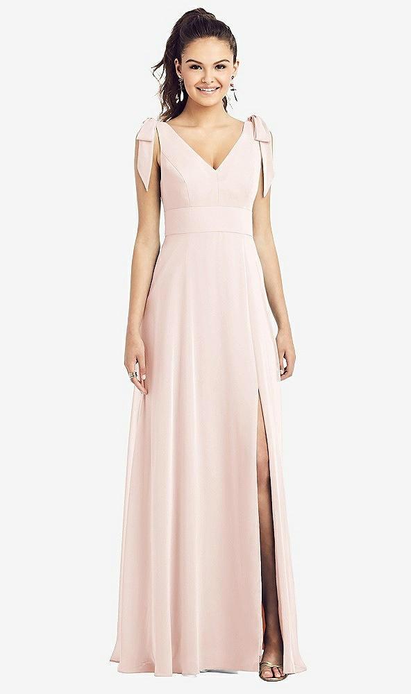 bow-shoulder v-back chiffon gown with front slit