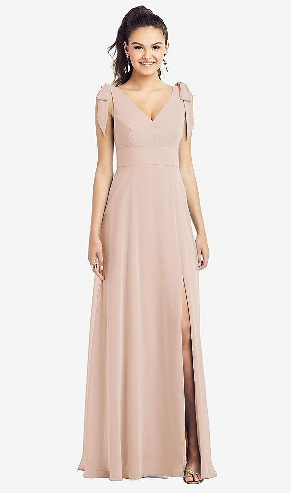 bow-shoulder v-back chiffon gown with front slit