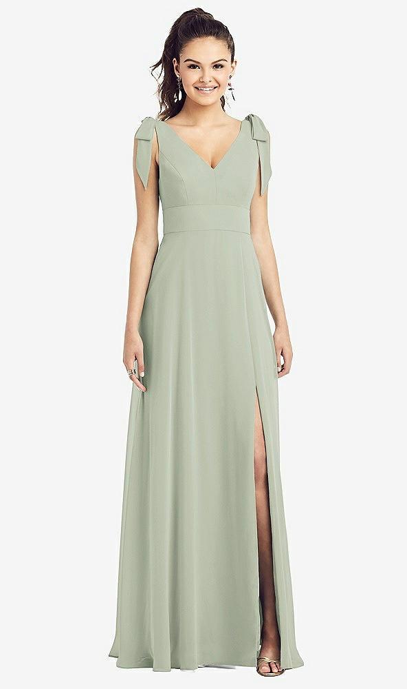 bow-shoulder v-back chiffon gown with front slit