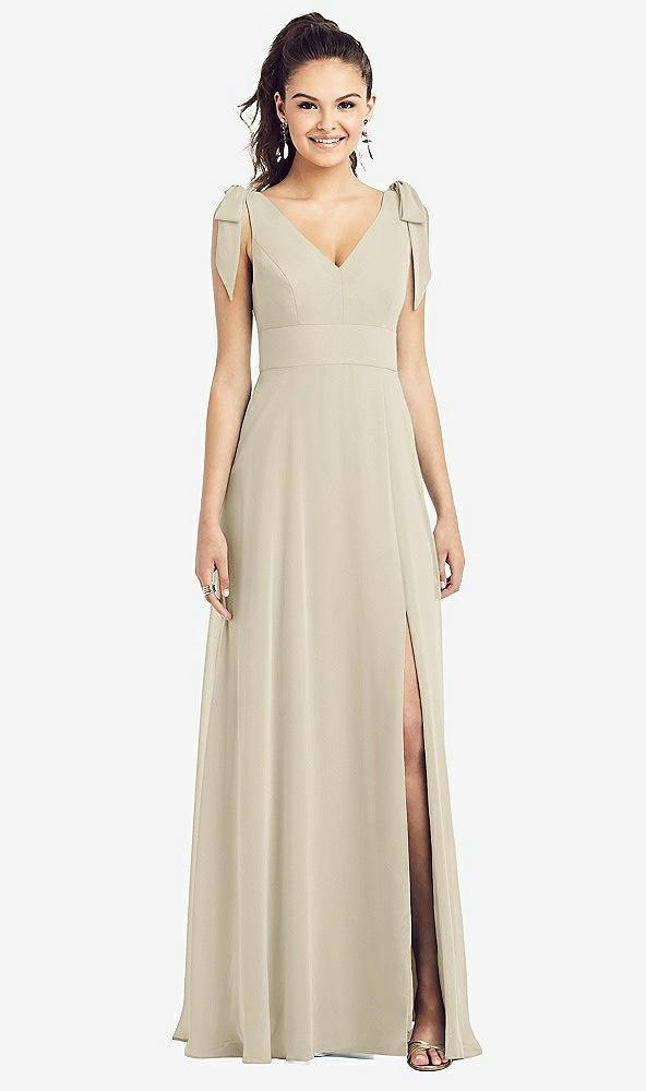 bow-shoulder v-back chiffon gown with front slit