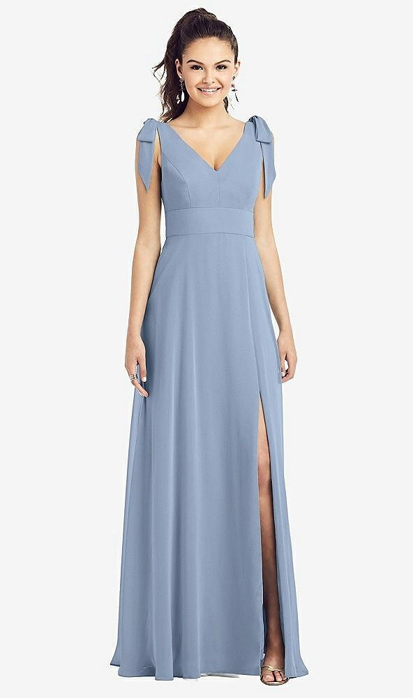 bow-shoulder v-back chiffon gown with front slit