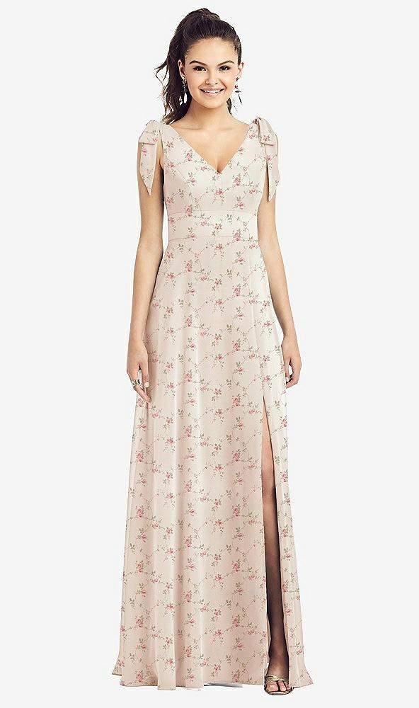 bow-shoulder v-back chiffon gown with front slit